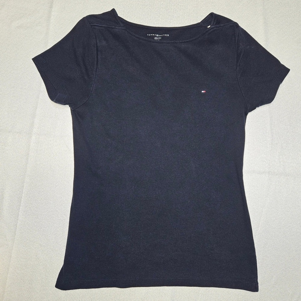 100% Cotton Tommy Hilfiger Womens Navy Blue Boat Neck T Shirt Top Large